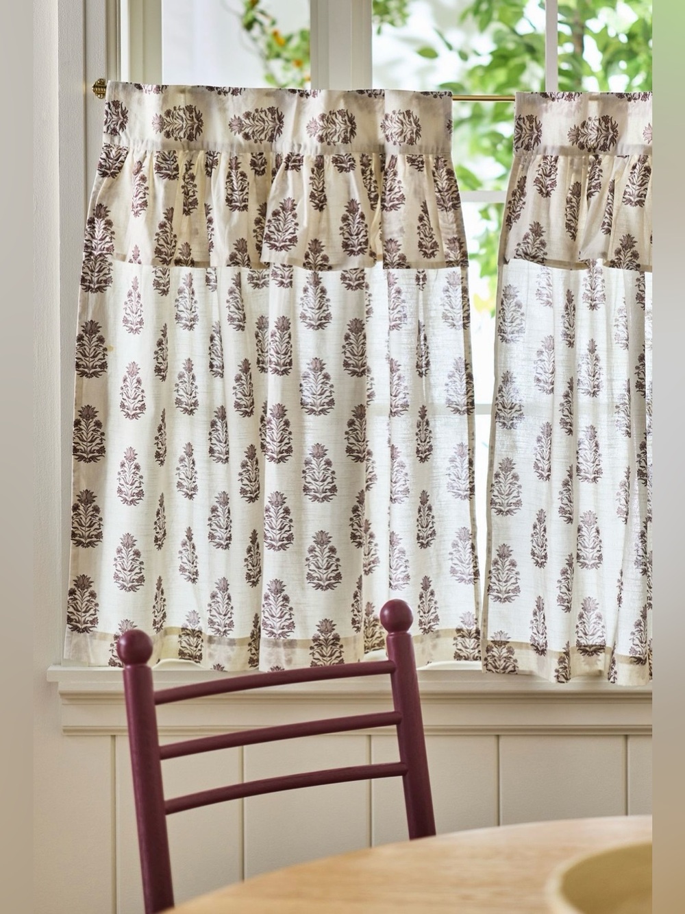 Anthropologie Cream and Brown Evita Cotton Printed Valence Curtain, Set of 2